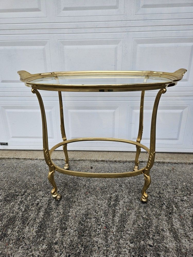 High Quality Vintage French Style Solid Brass and Glass Top Serving Cart