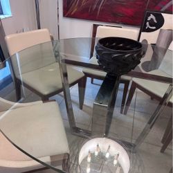 Italian Dining Table, Crome Base Six Chairs With Leather And Fabric