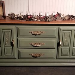 Refurbished Green Buffet With Gold Flowers 