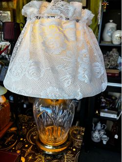 Vintage cut glass lamp base with brass,  lace shade, grandma Cottagecore style