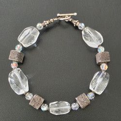 Genuine Quartz Sterling Silver Square Links AB Aurora Borialis Beads Bracelet 