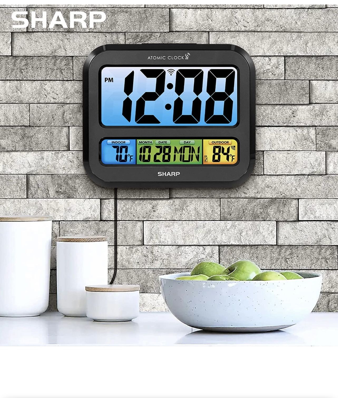SHARP Atomic Clock – New Version with Always-On Bright Color Display, Atomic Accuracy, Jumbo 3" Easy to Read Numbers - Indoor/ Outdoor Temperature, Wi