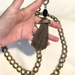 MID-CENTURY Chunky Tassel Charm on a Gold Tone Metal Chain Link Belt - 44” long