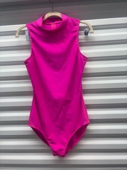 Hot Pink Mock Neck Sleeveless Bodysuit with Zipper Back