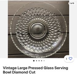 Vintage Large Pressed Glass Serving Bowl Diamond Cut
