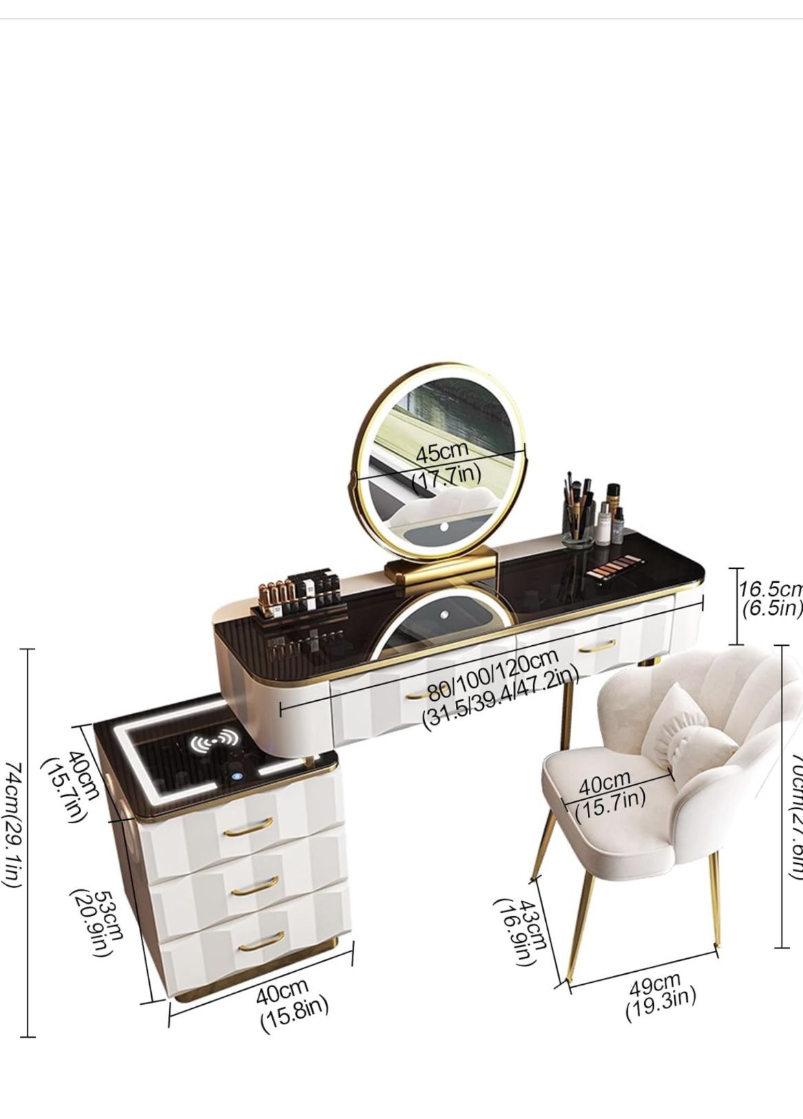 Makeup Vanity Set with Wireless Charging Station, Dressing Table with Mirror and Lights, Vanity Desk with Storage Cabinet and Chair for Bedroom