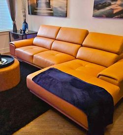 Modern Tan Leather Sectional Sofa with Chaise