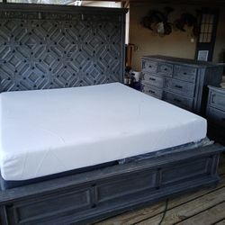 Wood gray king size bed frame set with chest dresser- mirror nightstand, box spring  and king mattress