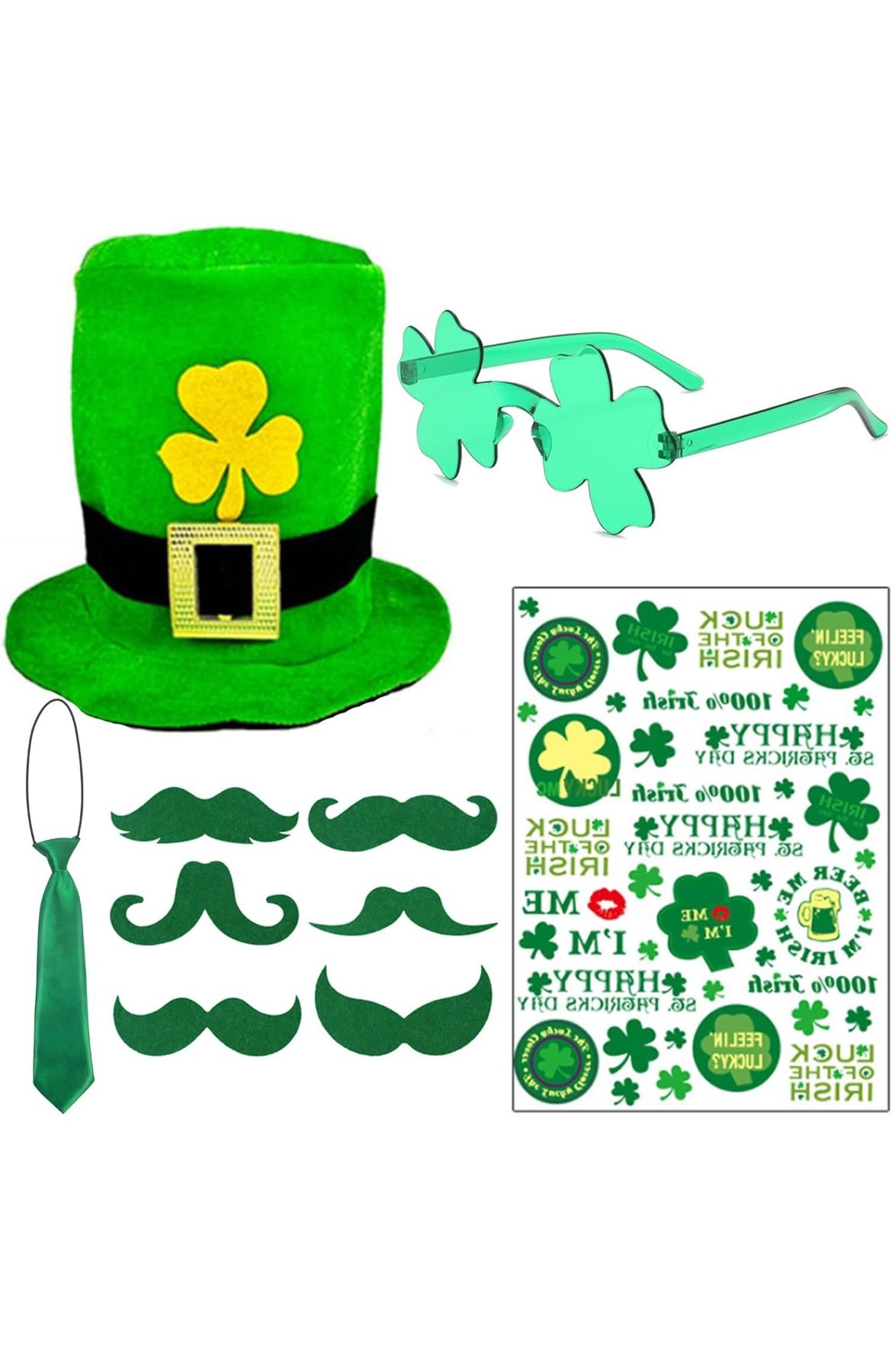St Patricks Day Accessories for Women St Pattys Accessories Decorations Party Favor Packs Bulk Hat Green Beard Tie Glasses Tattoo Stickers