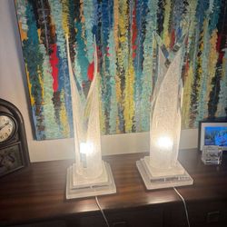 1960’s Mid- Century . Pair of vintage Hollywood Regency crackled Lucite freeform sculpture table lamps.  31” high , 10” square base . $900 for both