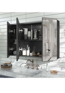 New in the box 40 x 28 Black Medicine Cabinet, Aluminum Mirror Medicine Cabinet for Bathroom, Pre-Assembled Recessed/Surface-Mounted Medicine Cabinet,