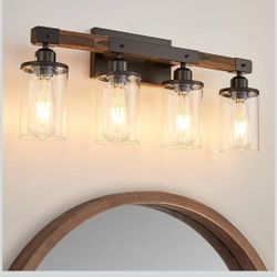 4-Light Bathroom Vanity Light, Farmhouse Bathroom Fixtures Over Mirror, Rustic Industrial Wood Black Wall Lamp Sconce Light with Clear Glass Shade