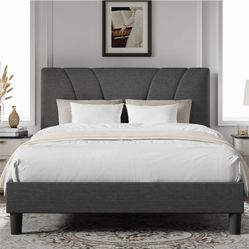 🔥🔥Full Size Upholstered Platform Bed Frame with Adjustable Headboard, Grey 
