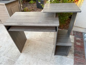 Gray Computer Desk with Pull-Out Keyboard Tray and Shelves