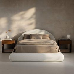 AirFrame Full Size Half-Moon Upholstered Full Platform Bed Frame Boucle Curved Arched Base, 6-Inch Thickness Headboard, 5 Inch Fully Round Cushioned F