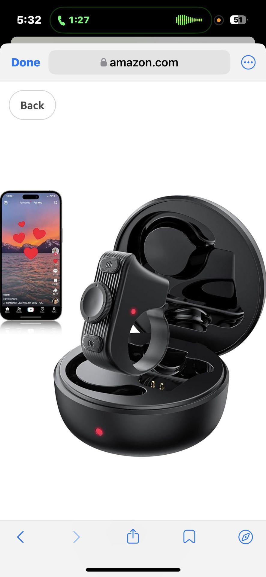 Remote Scrolling Ring for Tiktok,Page Turner for Kindle App,Bluetooth Camera Shutter Remote for iPhone, Android,iOS,iPad,Tablet-Black