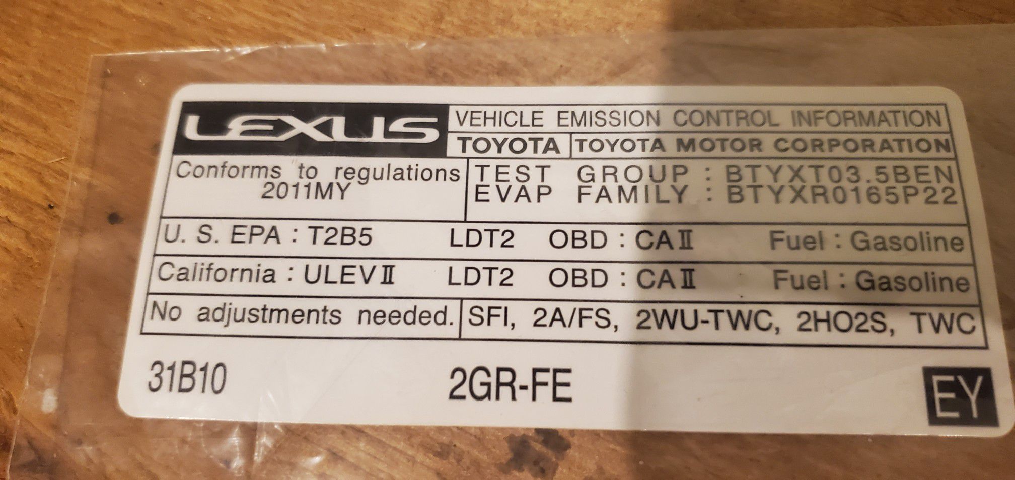 Emission Label 2011 Lexus RX350 OEM Part # 11298 31B10