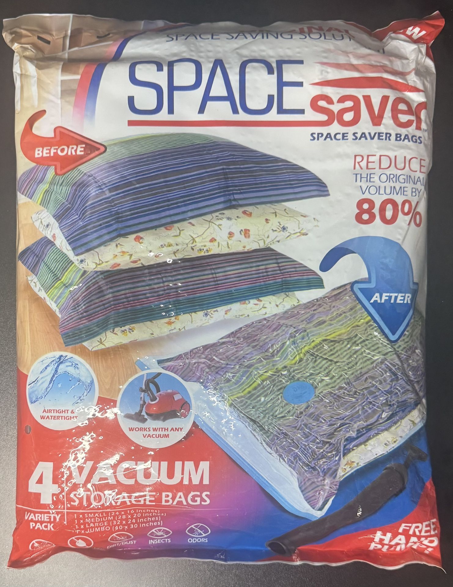 Variety Space Saver Premium Vac Storage Bags x 4 w/Hand Pump-Seal Clothes Travel