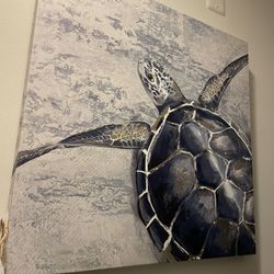 Sea Turtle Heading To The Ocean In The Sand, On Canvas With Paint Strokes Wall Art