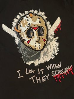 Jason Voorhees from Friday the 13th, hockey mask, dual blades, embroidered "I Luv It When They Scream"Measure Large