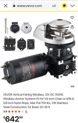 VEVOR Vertical Fishing Windlass, 12V DC 1100W, Windlass Anchor Systems Fit for 1/4-Inch Chain or 9/16 & 5/8 Inch Nylon Rope, Max Pull 700 lbs, 316 Sta