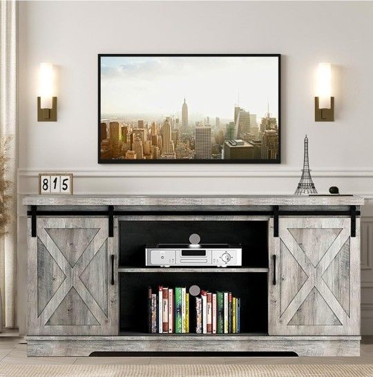59 inch Farmhouse TV Stand, Cabinet with Barn Doors, 250 pound capacity,  Wood Grey