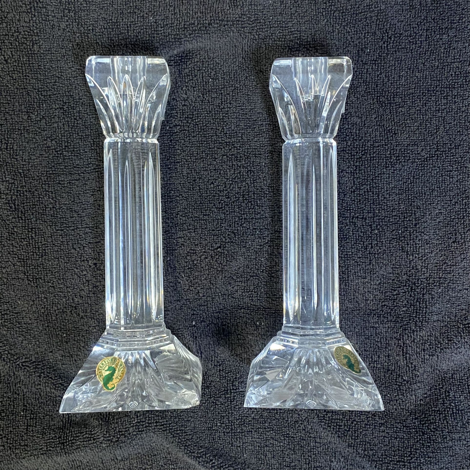 Set Of 2 Waterford Clear Crystal 8 Inch Column Candlesticks