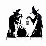 Halloween - Metal Witch Yard Stake Silhouettes With Cauldron and Solar Powered Lantern