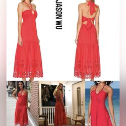 Jason Wu Red Embroidered Tent Scallop Cotton Halter Sundress Size M NWT