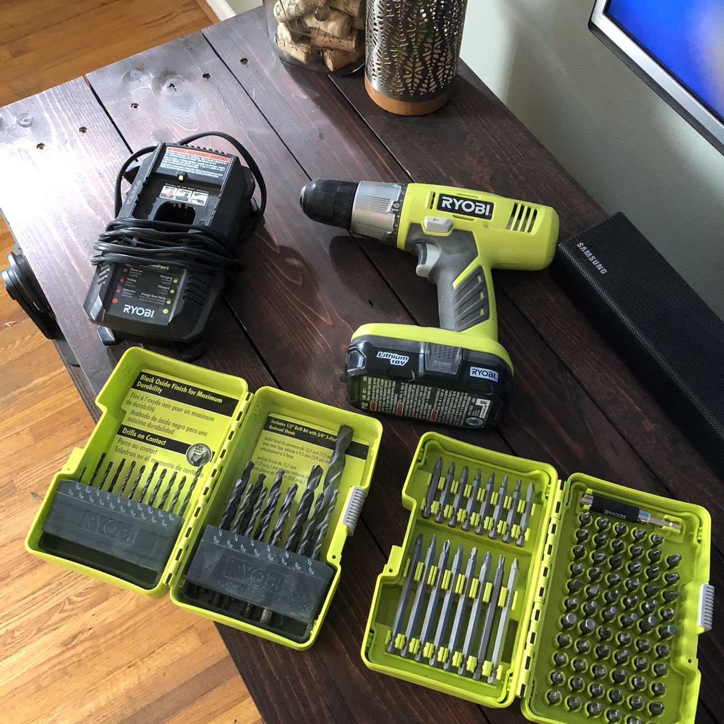 Ryobi ONE+ 18v 3/8in Drill — 18v Lithium Battery — Charging Dock — Drill Bits