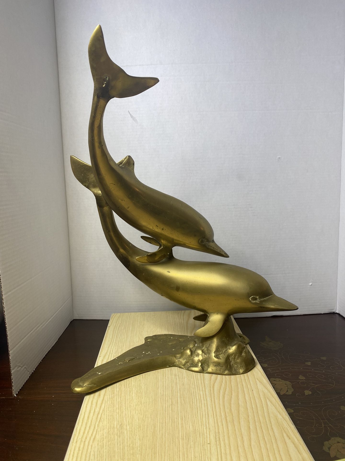 Mid Century Solid Brass Dolphins Sculpture