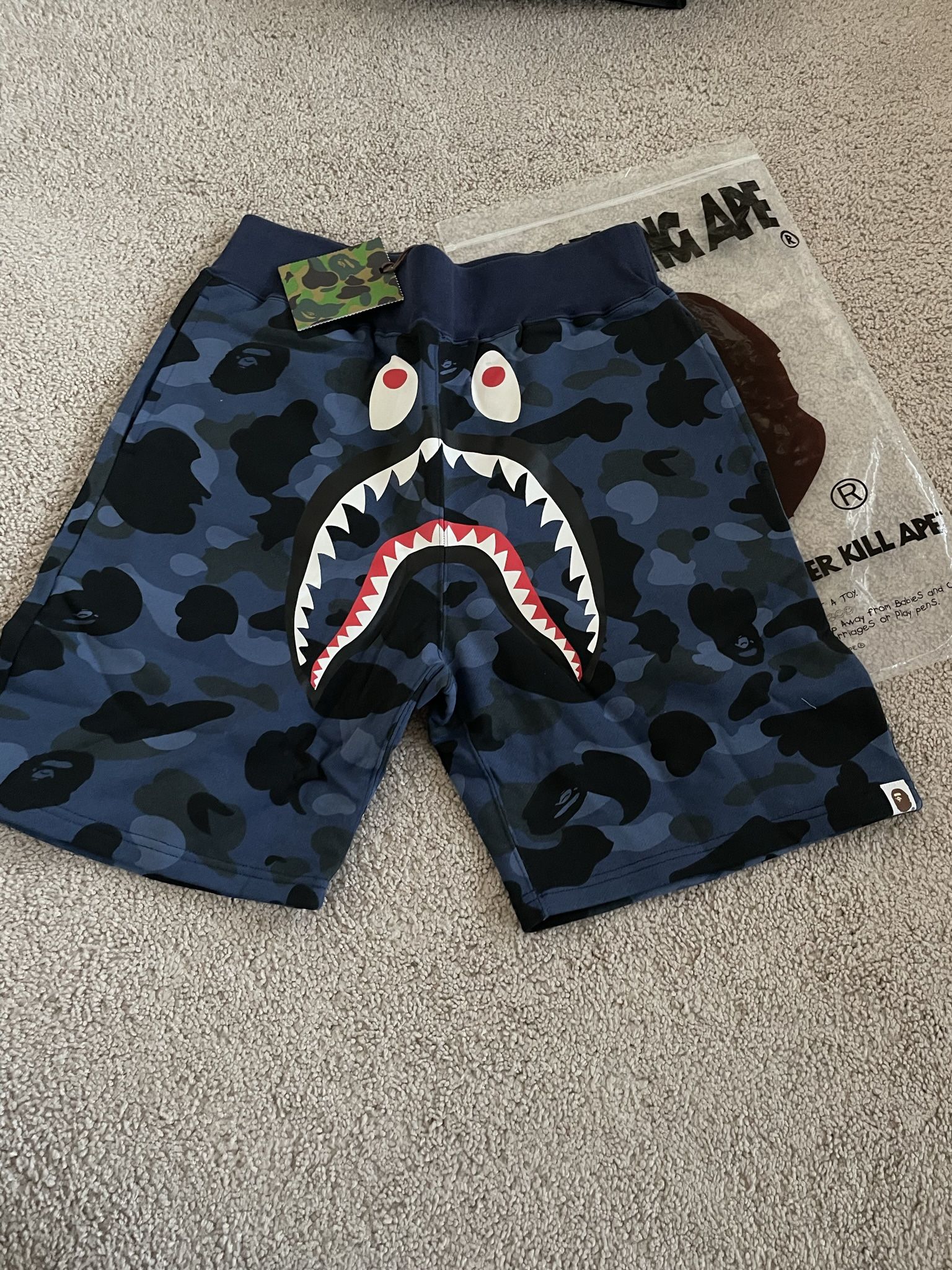 BAPE Navy Blue Camo Shark Sweat Shorts