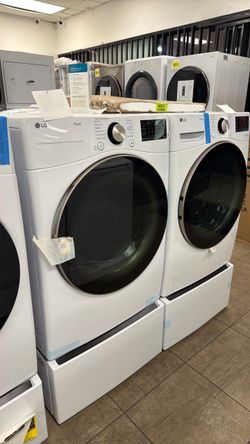 LG 27 Inch Wide 4.5 Cu. Ft. Front Load Washer and 7.4 Cu. Ft. Electric Dryer Laundry Pair with Pedestal Storage Drawers and 6Motion Technology