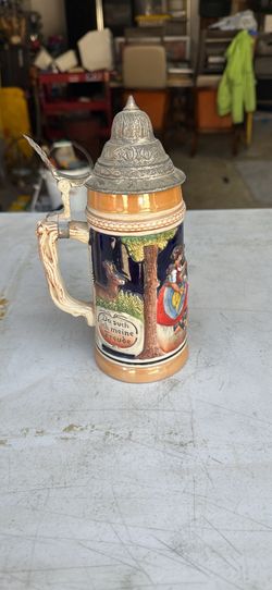 Vintage German Beer Stein Pewter Lid Hunting Scene Relief new