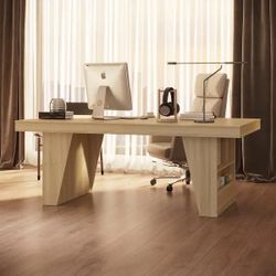 78.7 in. W Rectangular Natural Wood Computer Desk with Storage Shelves, Office Desk for Commercial and Meeting