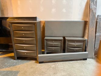 4 Piece Bedroom Set - Gray Queen Bed Frame, 2 Nightstands, and Mattress