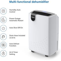 2500 Sq. Ft Home Dehumidifier for Medium to Large Rooms and Basements with Auto or Manual Drainage, 0.48 Gallon Water Tank Capacity - Low Noisemaker 