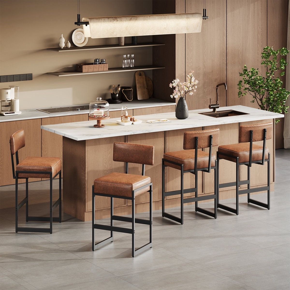 Brown leather barstool set of 4