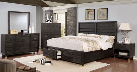 Dark Grey (4) Piece Bedroom Set with Plank Detail & Storage -QUEEN OR KING (NO CREDIT CHECK FINANCING AVAILABLE)