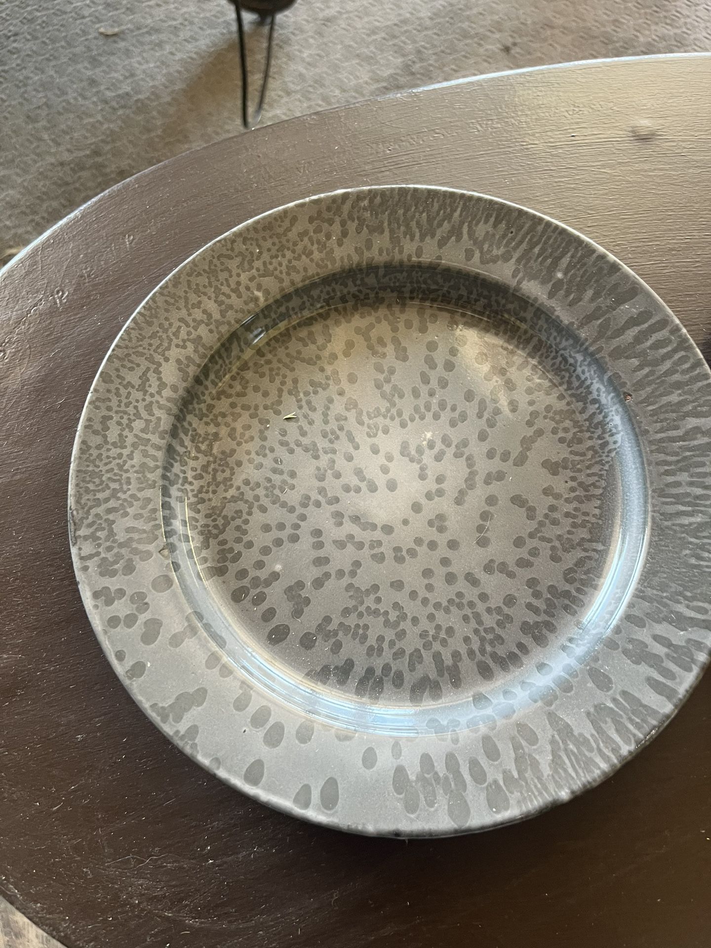 2 Antique Grey Graniteware Enamelware Plate, Mottled Gray, Primitive Kitchen