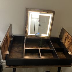 Flip Top Vanity Style Desk Led  Mirror W/6 Compartments