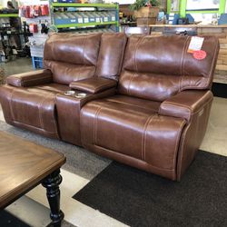 Leather Power Dual Recliner 83” Wide W/lumbar Support, Adjustable Headrests And USB Ports