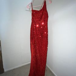 Red Sequins Formal Dress With Open Slit 