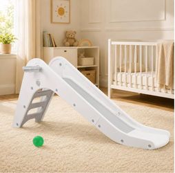 Toddler Indoor Slide, Foldable Baby Climber Playset with Basketball & Hoop 63 in Extra Long Slope, Non-Slip Steps, Sturdy Plastic, Outdoor Playground