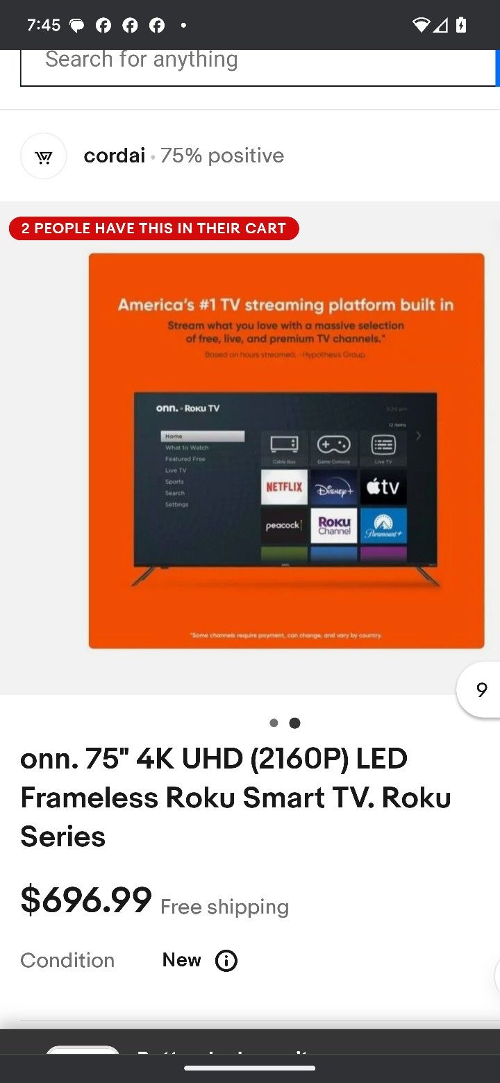 75" Onn Ruku 4k Smart Frameless Tv