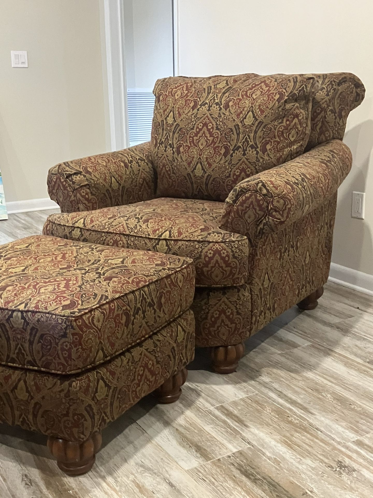 Chair And Ottoman, Sofa And Matching Loveseat, Leather Loveseat And Hard Wood End table With Sofa table.
