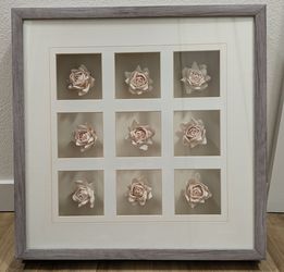 3D Floral Square Shadow Box Wall Art - Pink Roses Rustic Wood Frame Glass Top - 19.5" (L) 2.5" (D)