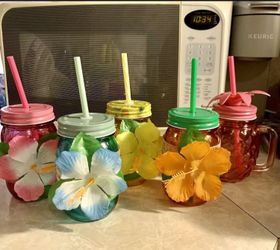 5 Flower Mason Jars With Lids & Straws
