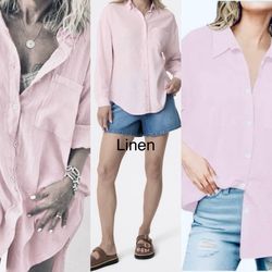 Susan Graver NWT Linen Blend baby pink Button Front oversized Shirt L