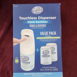 New Miracle Brands Automatic hand sanitizer dispenser with 3 blue sanitizer bottles.  Touchless operation for easy use. 